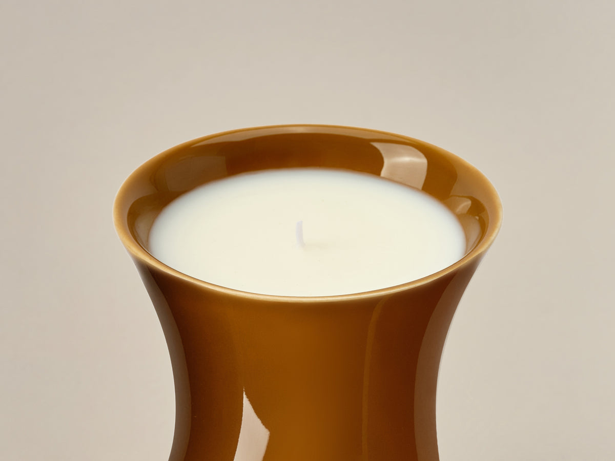 Close-up overhead view of the lit Ambered Apple candle showing the melted wax pool